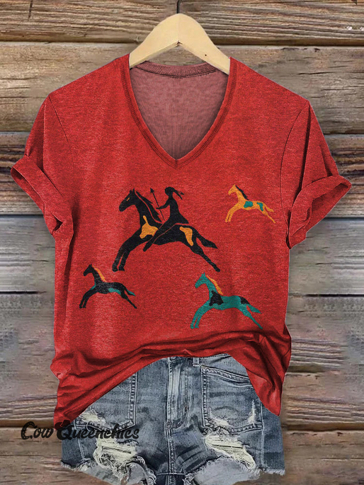 Women&rsquo;s Classic Horse Art Print V-neck Casual T-Shirt Multicolor / S