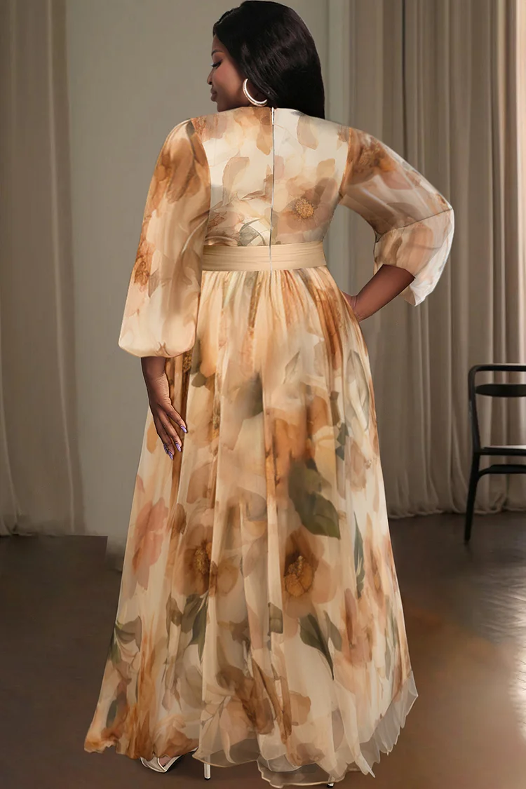 Xpluswear Design Plus Size Formal Champagne Floral V Neck Lantern Sleeve 3/4 Sleeve See Through Pocket Chiffon Maxi Dresses