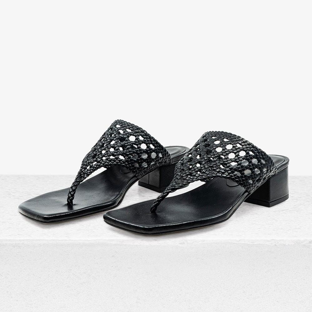 Black Vegan Leather Cut-Out Inlay Band Mules with Chunky Heels Nicepairs