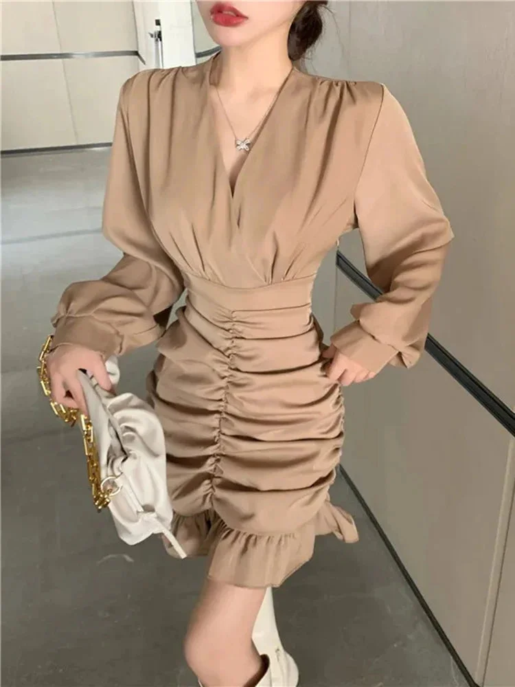 Oocharger Elegant Women Mini Dress Vintage Tunic Irregular Long Sleeve Korean Office Ladies Ruffles Dress Sexy V Neck Party Vestidos