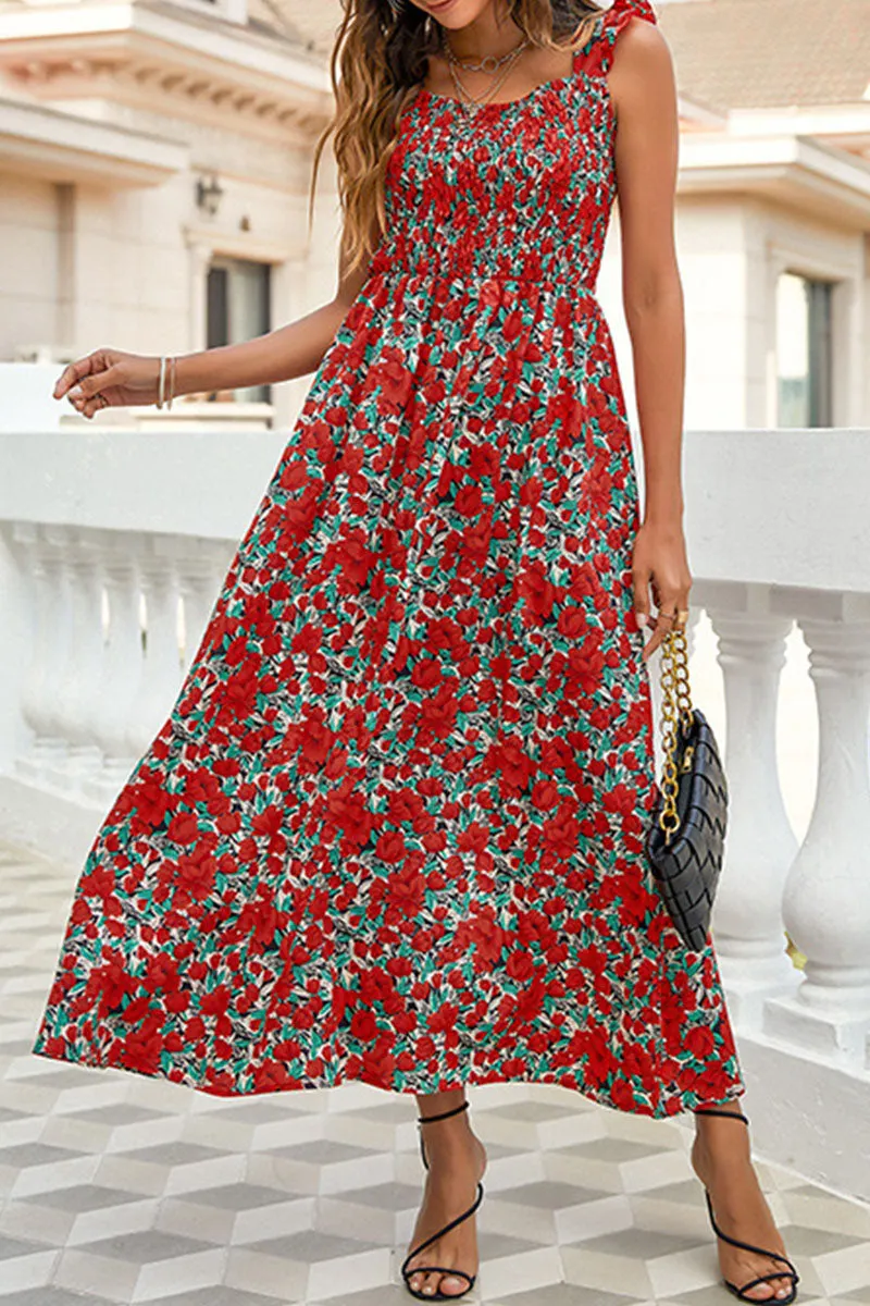 Fashion Elegant Print Split Joint Spaghetti Strap A Line Dresses