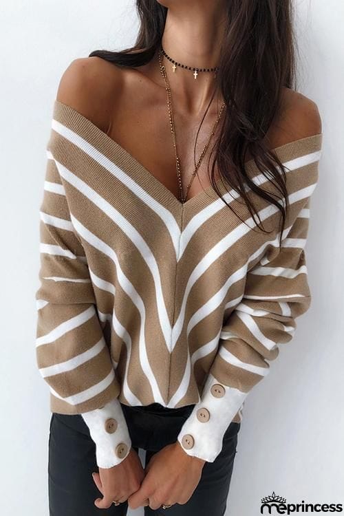 Button Stripe V Neck T Shirt