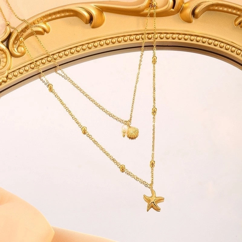 Cute Vintage Style Vacation Geometric Starfish Shell 304 Stainless Steel 18K Gold Plated Double Layer Necklaces
