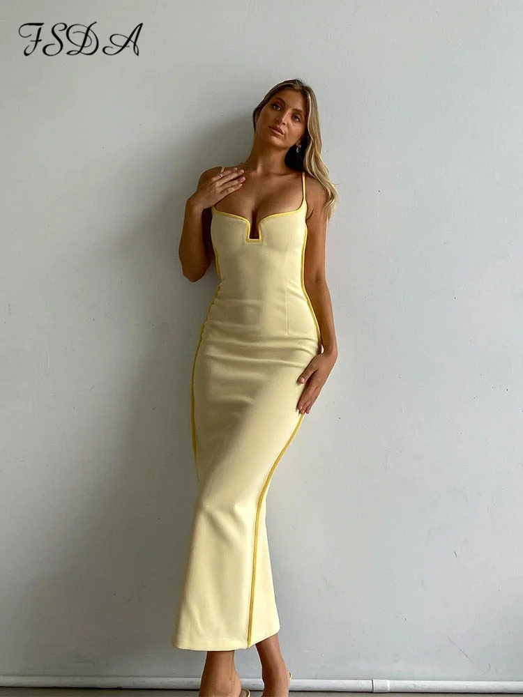 FSDA 2022 Summer Midi V Neck Y2K Sexy Women Dress Sleeveless Elegant Off Shoulder Backless Bodycon Dresses Party Club