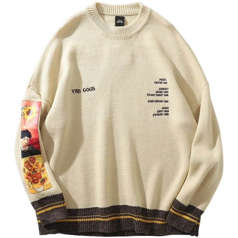Aonga Men Sweater Pullover Pull Van Gogh Painting Embroidery Knitted Sweater Vintage Harajuku Fashion Brand Y2K Pullovers aonga