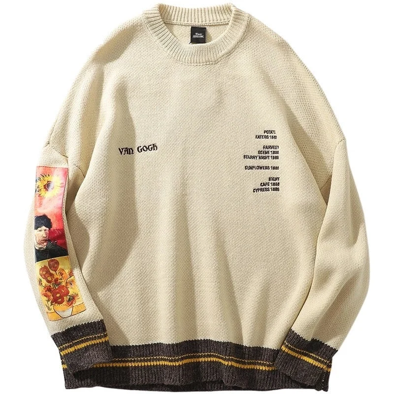 Aonga Men Sweater Pullover Pull Van Gogh Painting Embroidery Knitted Sweater Vintage Harajuku Fashion Brand Y2K Pullovers aonga