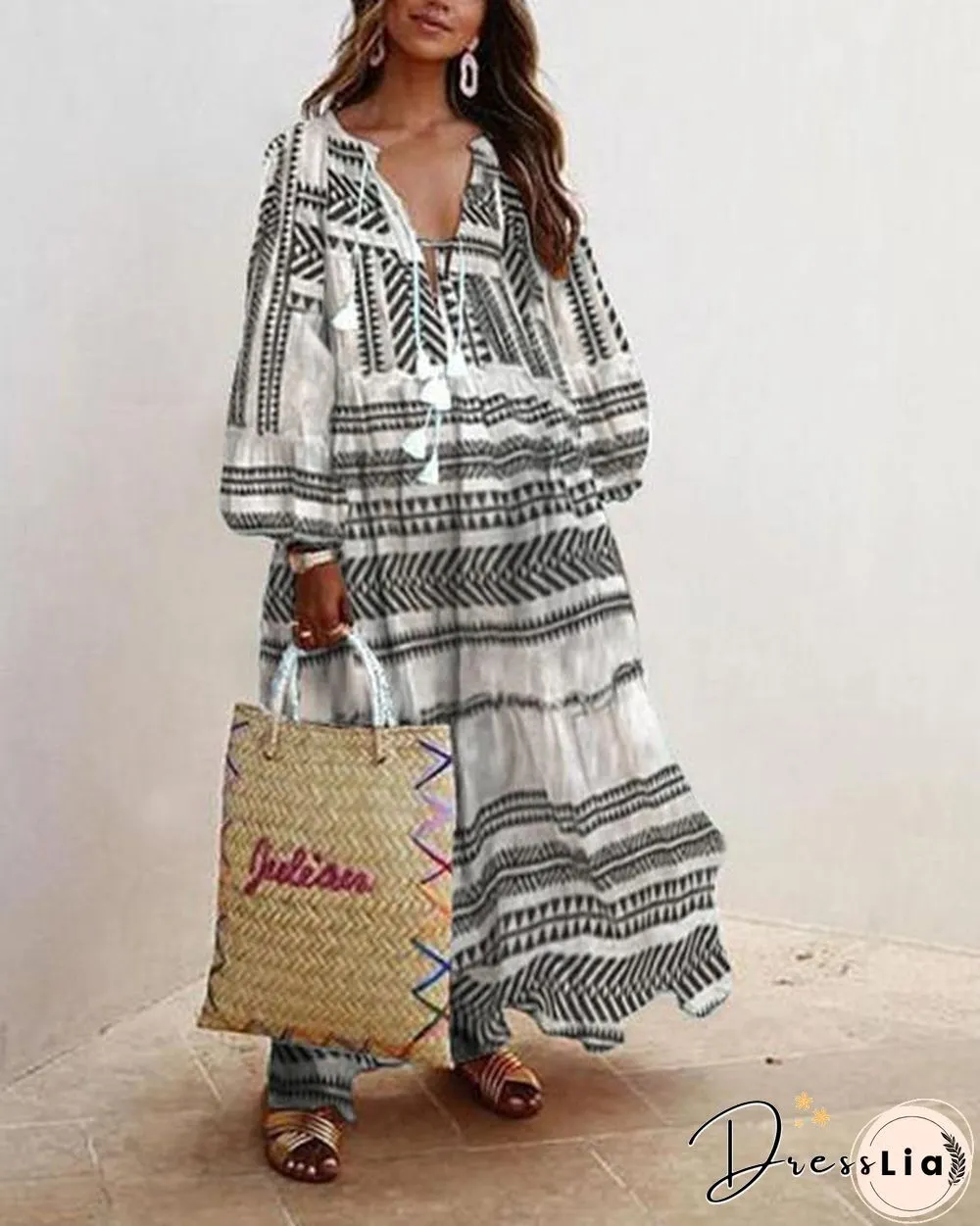 Plus Size Dress Balloon Sleeves Boho Printed Maxi Dresses