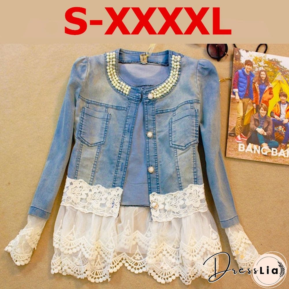 New Women Casual Denim Jacket Pearl Lace Splice Jean Coat Spring Summer Autumn Women Fashion Splice Coat Lace Jacket