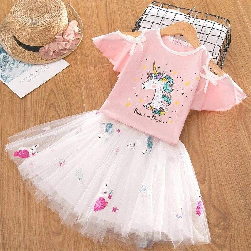 Kids Girls Unicorn Top And Tutu Dress Summer Princess Girl Princess Birthday Party Costume Children Kids Unicorn Clothing Sets