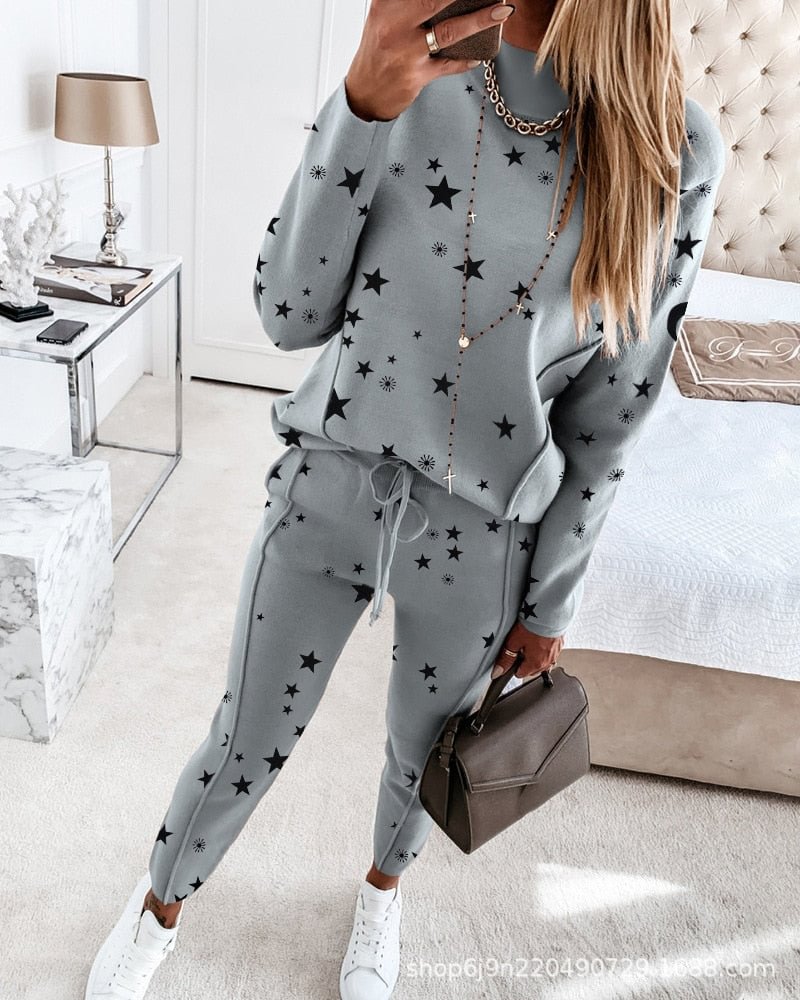 New sports suit women's star print top + pants suit casual fashion trend two-piece suit