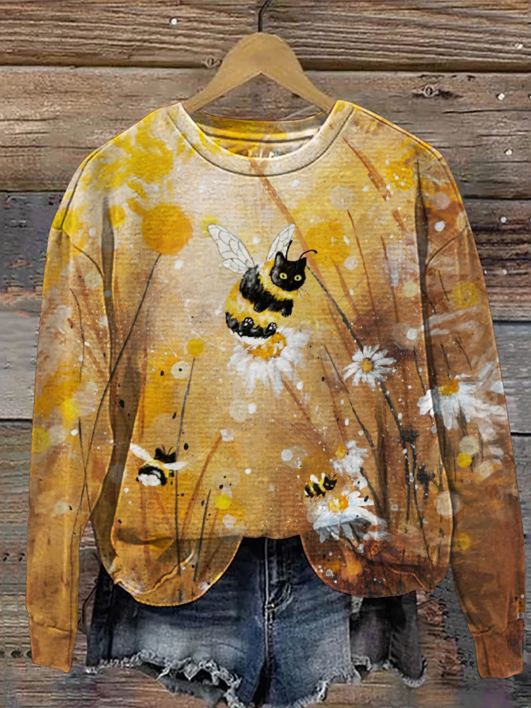 Comstylish Bee Cat & Floral Print Women's Casual Sweatshirt