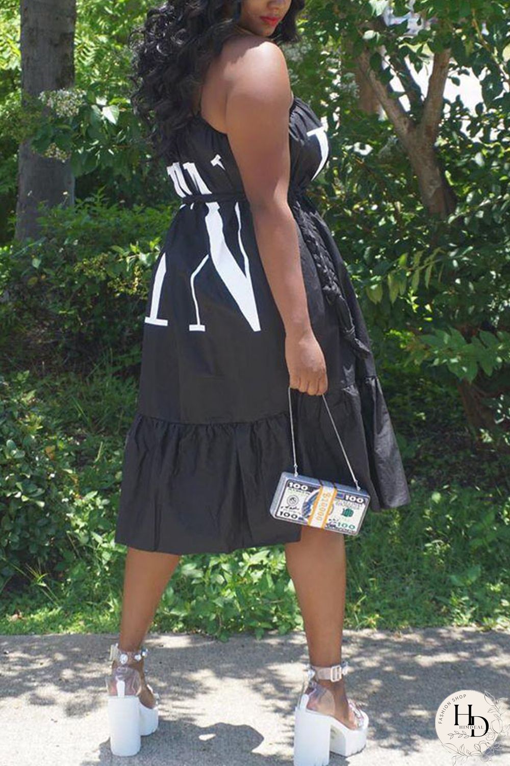 Black Fashion Off The Shoulder Sleeveless Slip Swagger Knee-Length Print Dresses