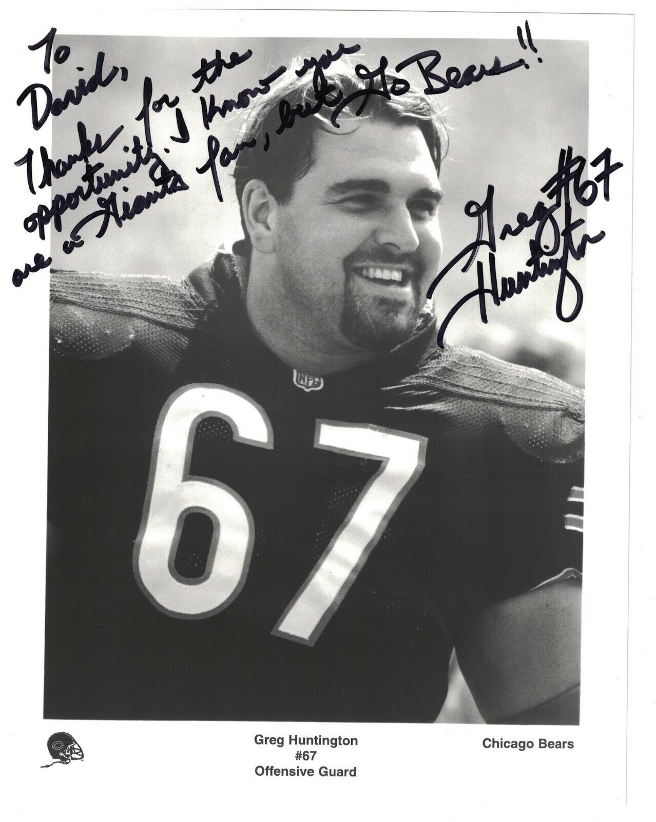 Greg Huntington Signed Autographed 8 x 10 Photo Poster painting Chicago Bears Rare