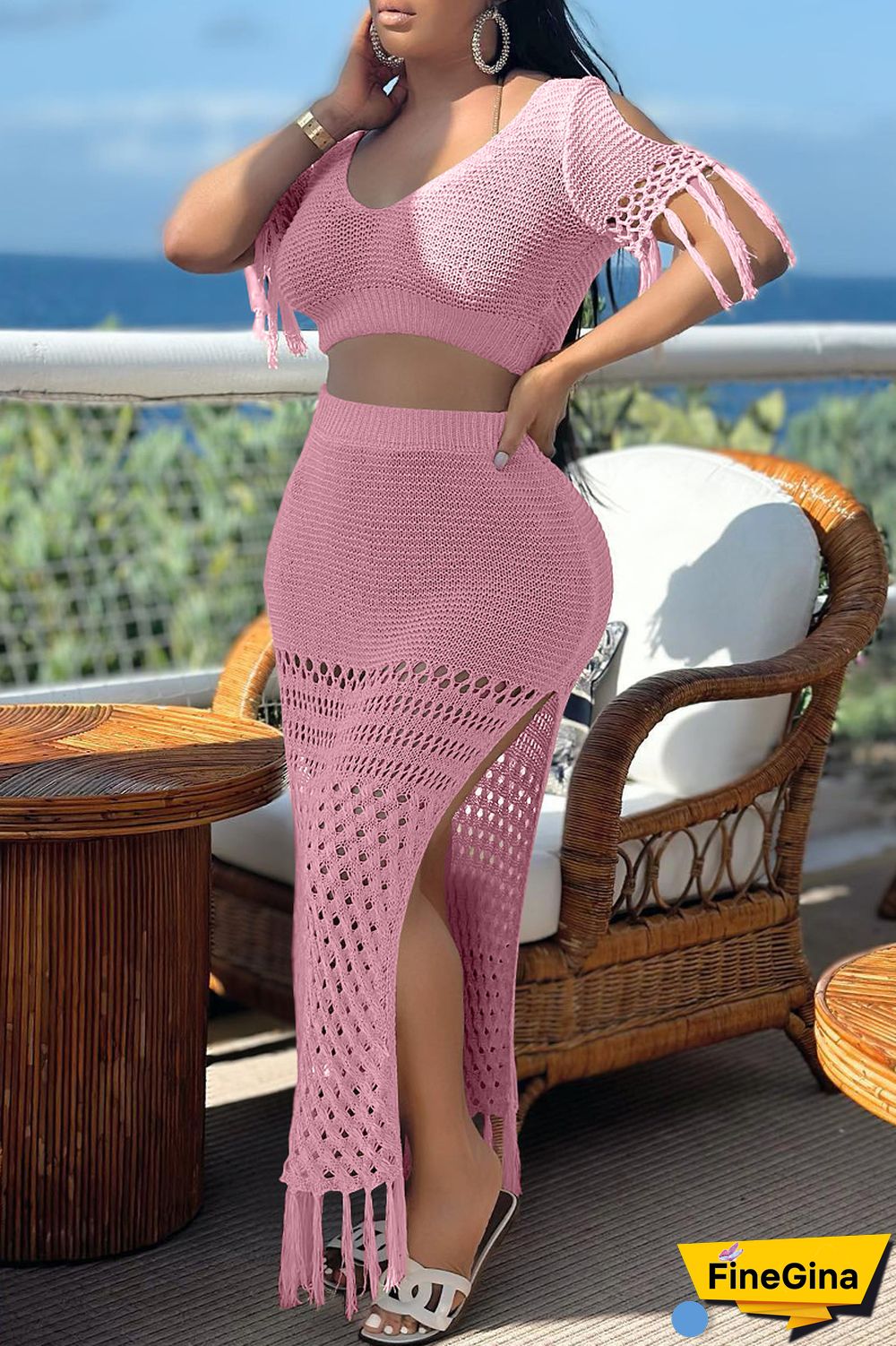 Black Sexy Solid Tassel Slit V Neck Short Sleeve Two Pieces