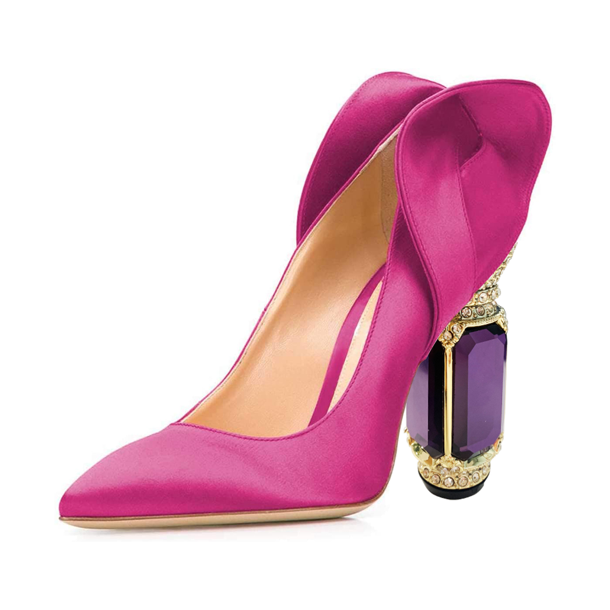 Fuchsia Satin Pointed Toe Pumps Shoes with Sculptural Heel Nicepairs