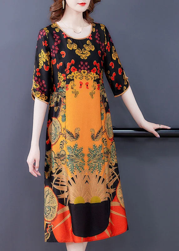 Women Yellow O-Neck Print Silk Women's Dress Half Sleeve