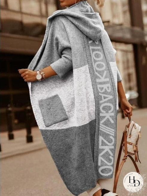 Coats Colorblock Pocket Hooded Long Cardigan Coat for Women