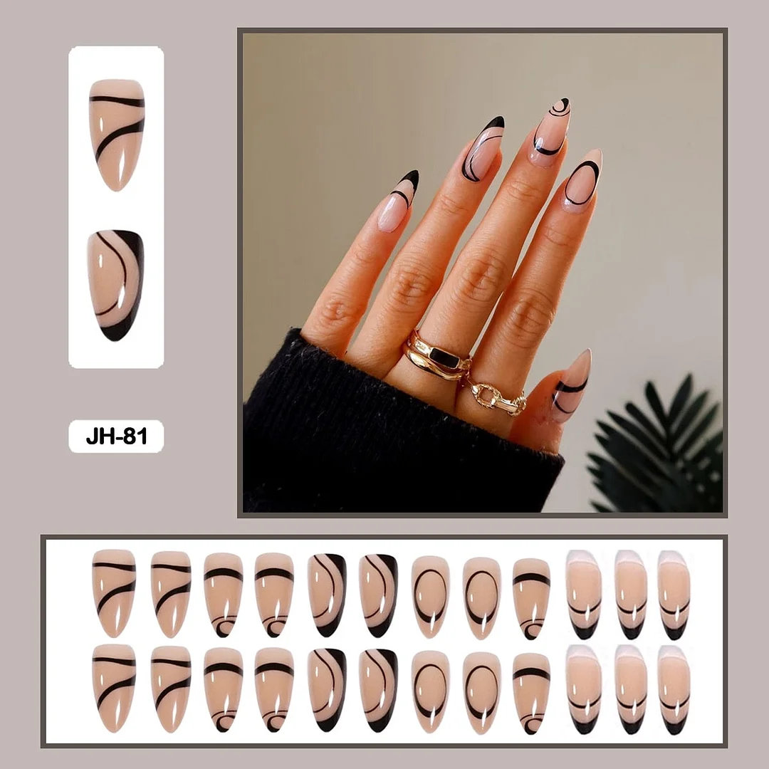 24Pcs/Set French Contracted Artistic Line Drip Shaped Short Wearable False Nails With Glue Manicure Art Tools Fake Nails-Nail Inspo