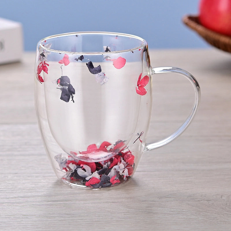 Double-layer Glass Quicksand Flower Cup Borosilicate Glass Double-layer Cup Breakfast Milk Coffee Cup Household Drinking Cup