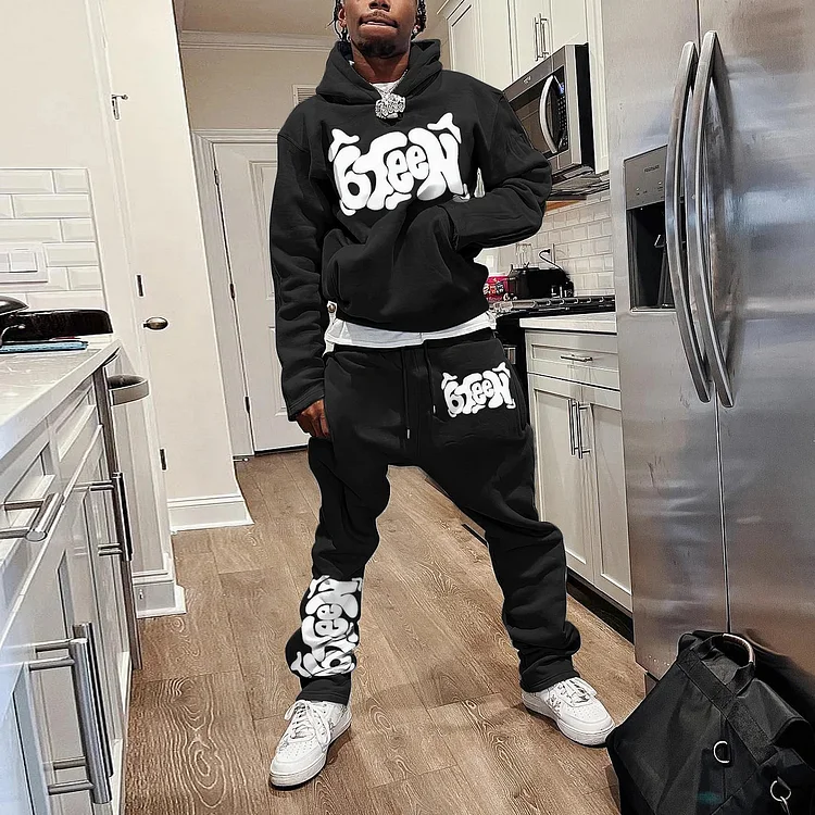 Casual Personalized Monogram  Hip Hop Hoodie & Flared Trousers Two Piece Set