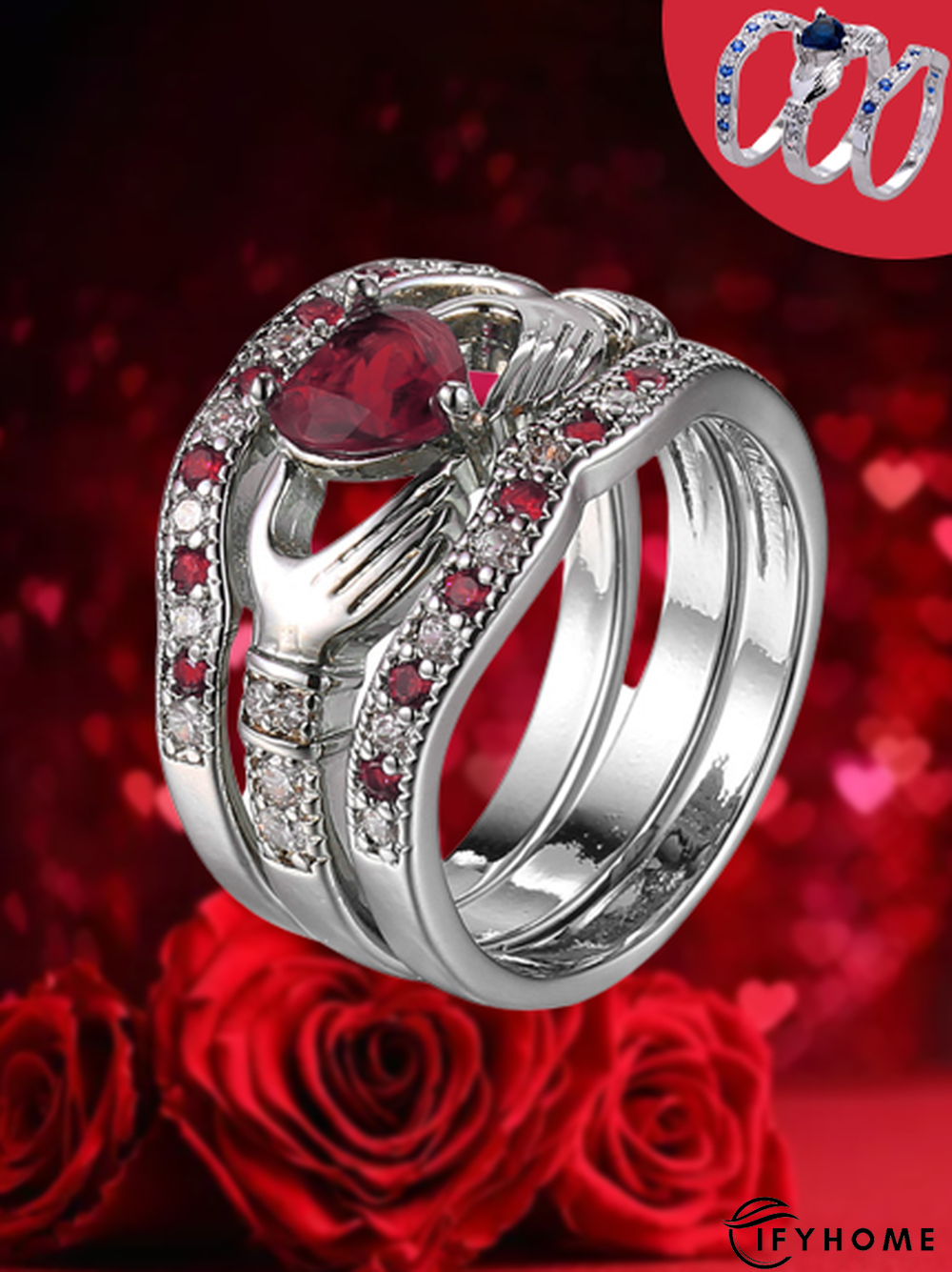 3Ps Silver Heart Holding Hand Pattern Full Diamond Ring Set Valentine's Day Gift Jewelry | IFYHOME