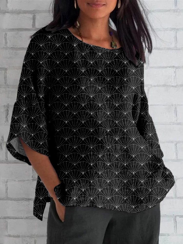 Comstylish Japanese Sashiko Uchiwa Art Linen Blend Cozy Tunic