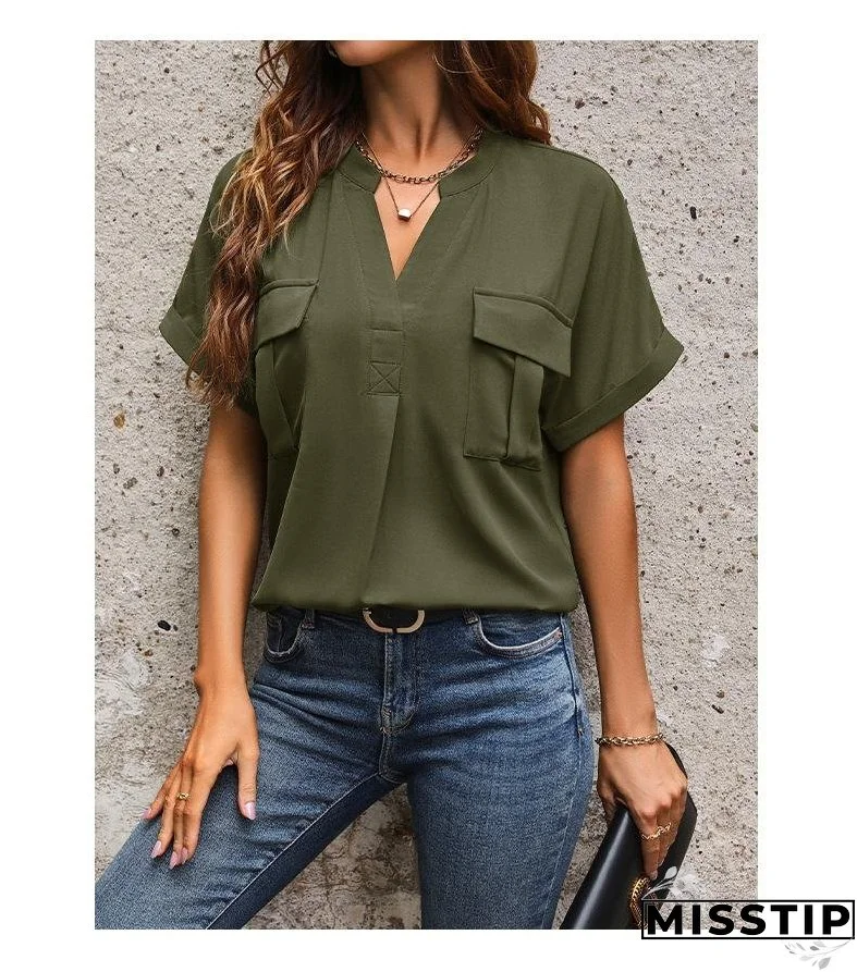 Solid Color V-neck Pocket Short-sleeved Shirt 22982116