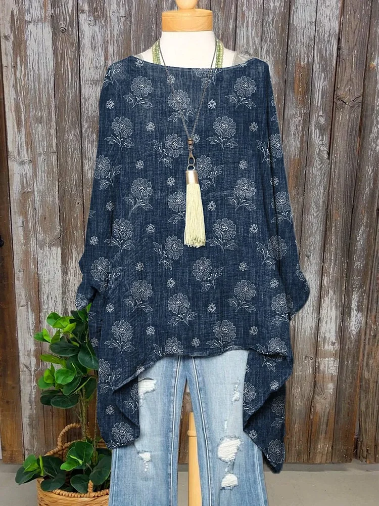 Denim Texture Floral Pattern Printed Women's Pocket Cotton Dress