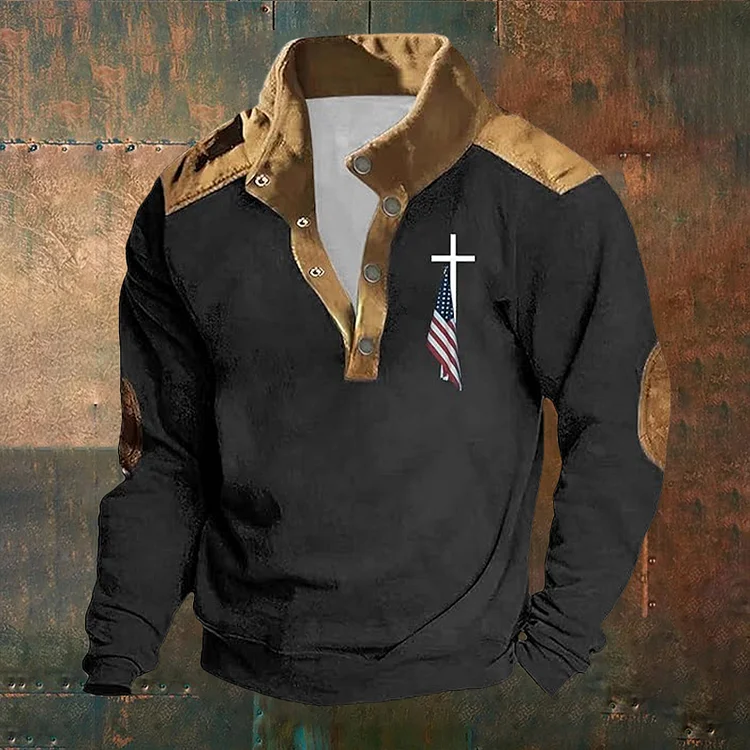Utbros Men's American Flag Printed Stand Collar Half-Zip Sweatshirt