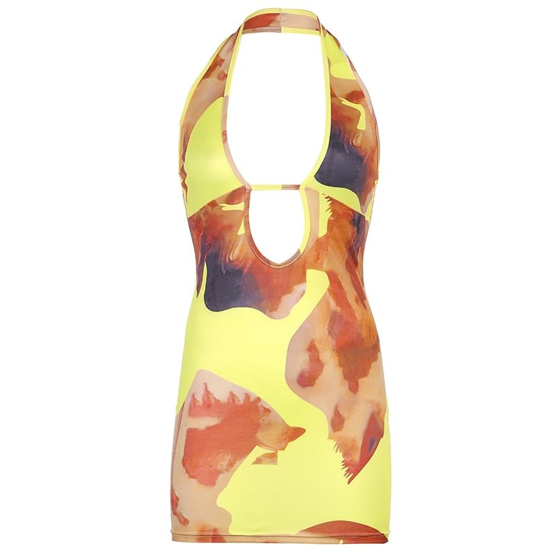 BIIKPIIK Hallter Print Women Mini Dress Skinny Hollow Out Summer Dress Sexy Clubwear Casual Vintage Bodycon Backless Clothing