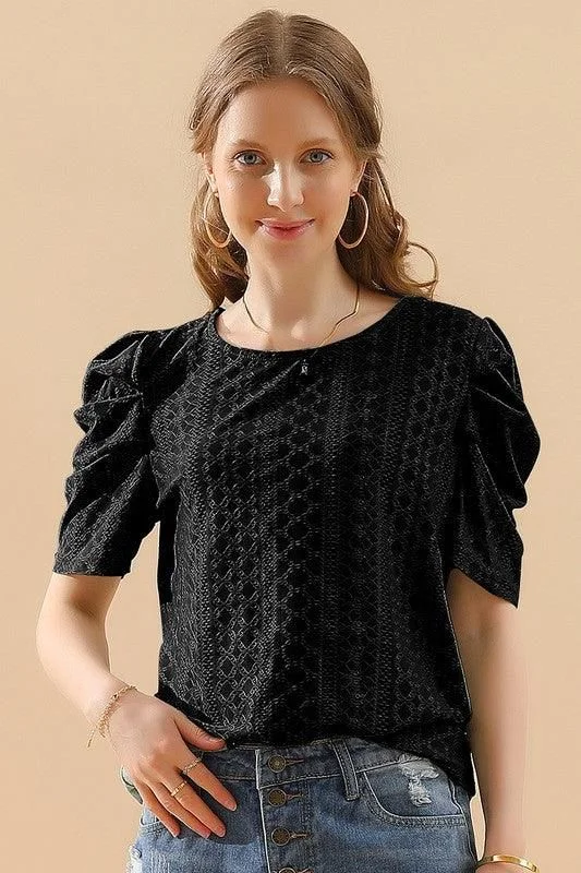 Punching Lace Pleated Puff Sleeve T-Shirts