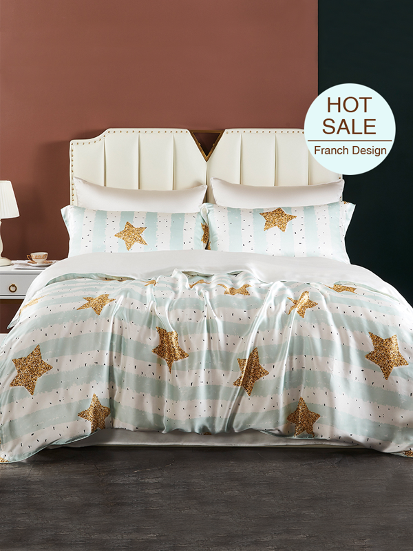 Stars Printed Silk Duvet Cover Set 4pcs