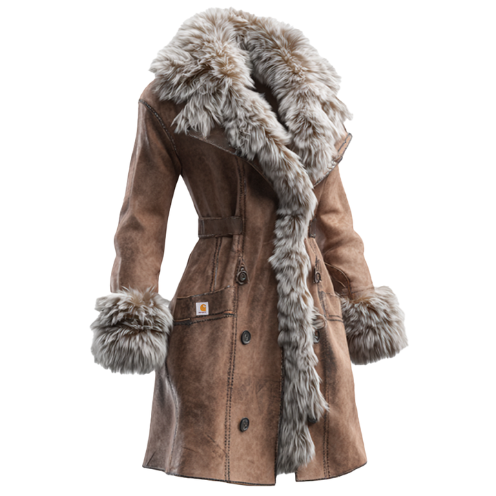 Women's Vintage Suede Coat With Fur Collar