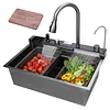 [US Local Warehouse] Stainless Steel Kitchen Sink with Pull-Out Swivel Faucet Double Waterfall Sinks