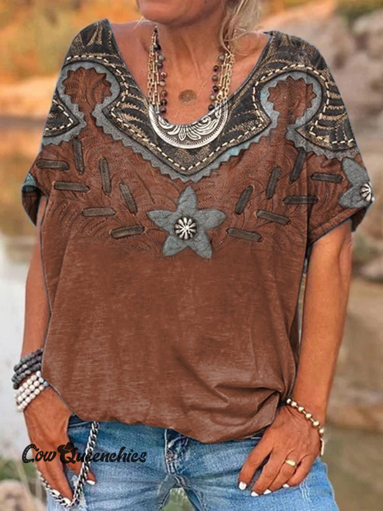 Retro Brown Pattern Art Print 100% Cotton V-Neck T-Shirt Multicolor / S