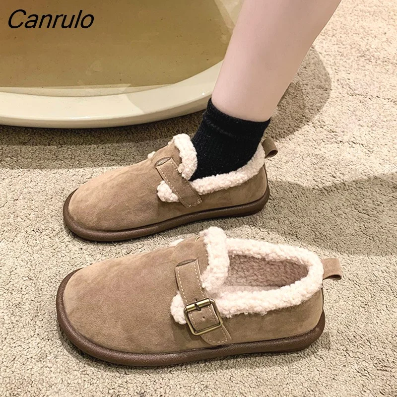 Canrulo Women's 2022 Autumn and Winter New Fashion Solid T Buckle Frosted Surface with Lamb Fleece Warm and Non Slip Flat Cotton Shoes