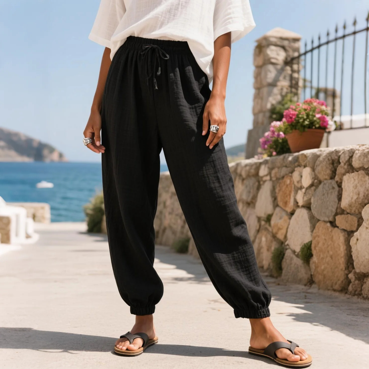 Women's Elegant Loose Comfortable Breathable Linen Elastic Waist Skinny Pants Trousers