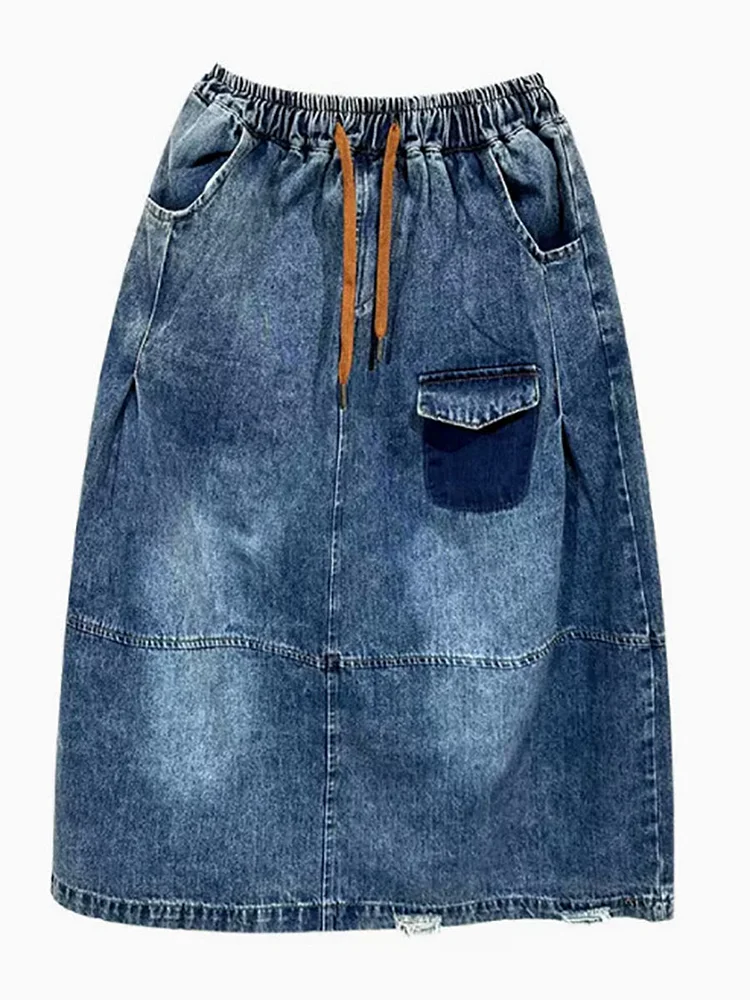 Women Vintage Spliced Drawstring Pocket Deinm Skirt