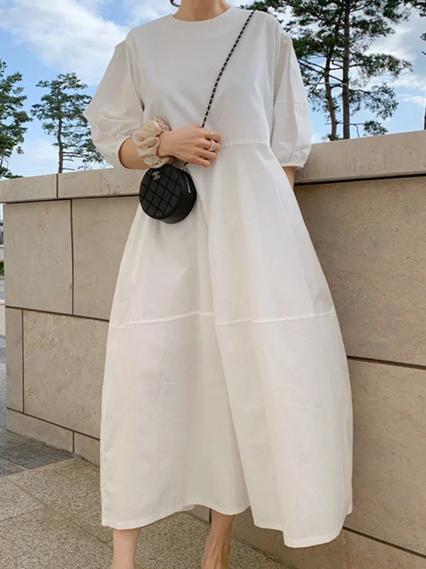 Casual Round-Neck Bishop Sleeve Loose Solid Color Midi Dress