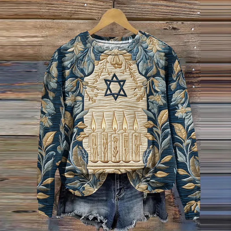 Women's Hanukkah Candle Flower Print Casual Sweatshirt