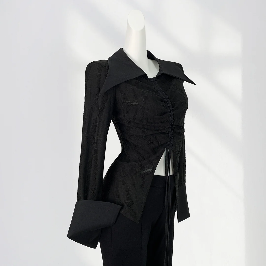 Zingj Zingj Earth Wind Unique Top Show Waist Short Black POLO Pointed Collar Draw Rope Horn Sleeve Shirt Forest Witch Wear