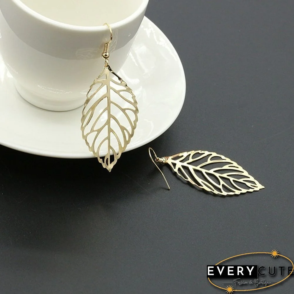 2 in 1 Set Leaves Necklace and Earings Fashion Women Jewelry Set Forest Style Double Leaves Silver Necklace
