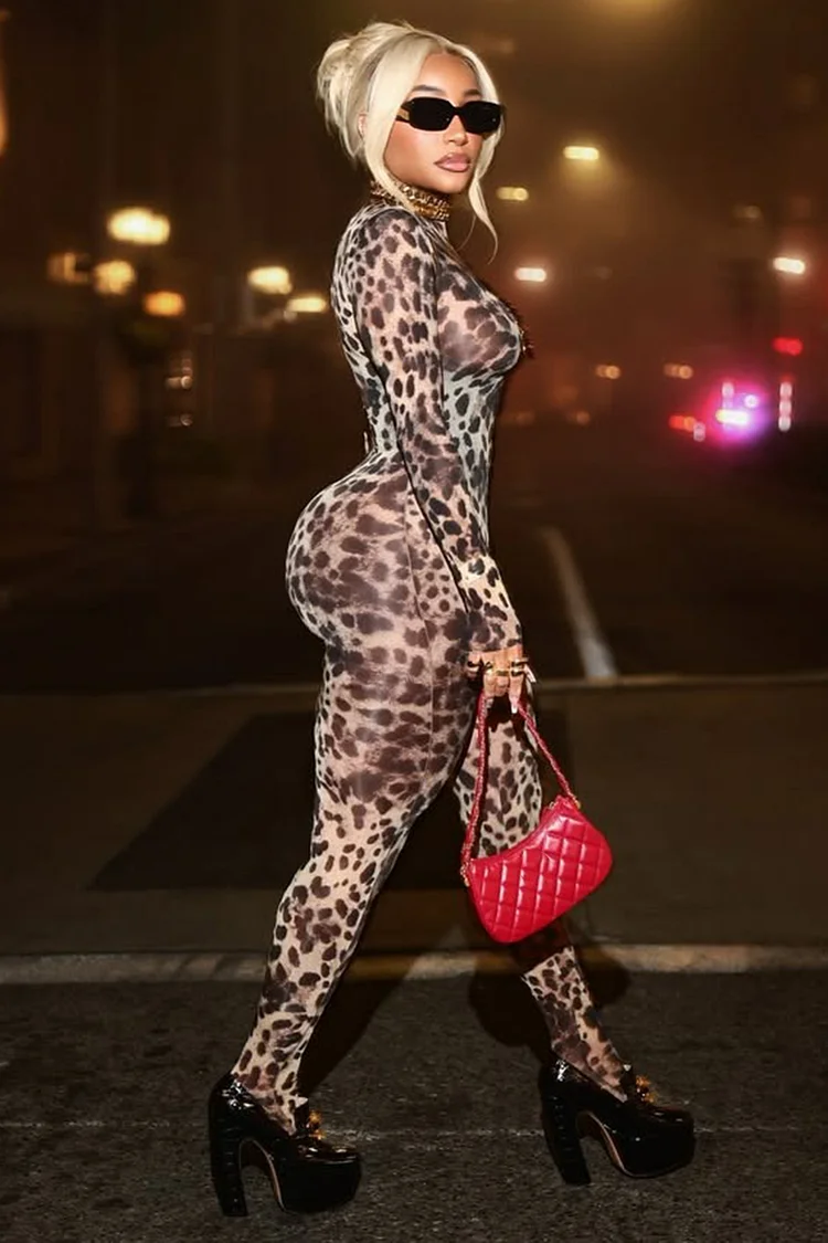 Mock Neck Long Sleeve Leopard Print Bodycon Party Jumpsuit-Brown [Pre Order]