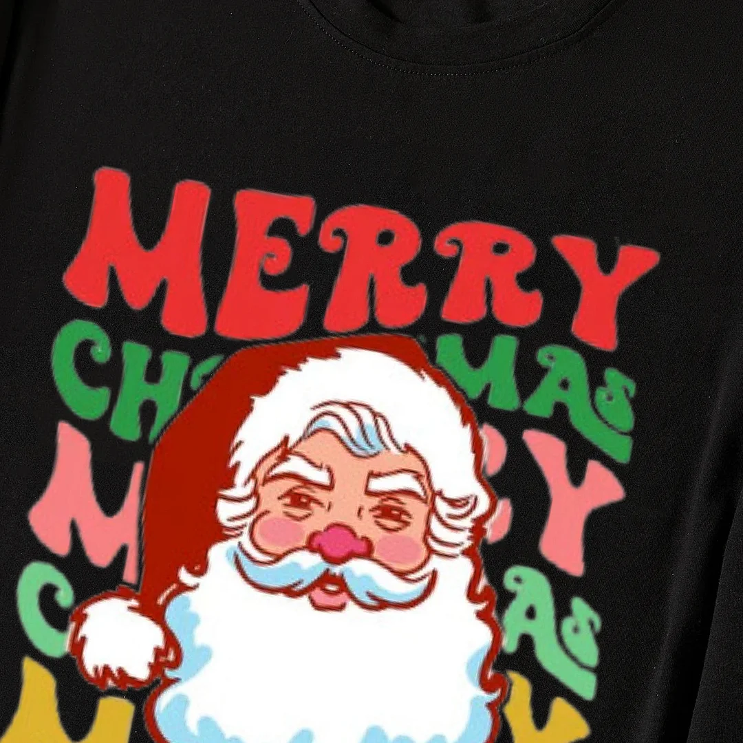 Colorful "Merry Christmas" and Santa Claus Print Black Long Sleeve Top with Black And Green Plaid Pants Family Matching Pajamas