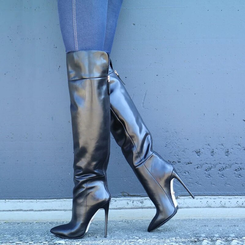 TAAFO Black High Heel Over-The-Knee Boots Pointed Toe Stiletto Heel High Boots 