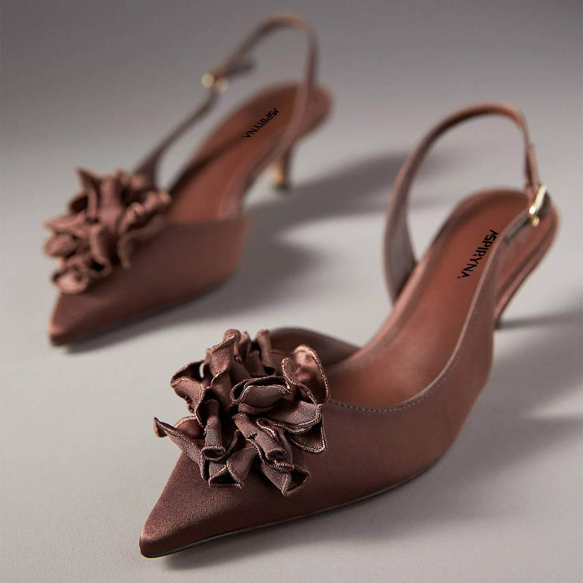 Satin Pointed Toe Brown Kitten Heel Slingback Pumps with Buckle Nicepairs