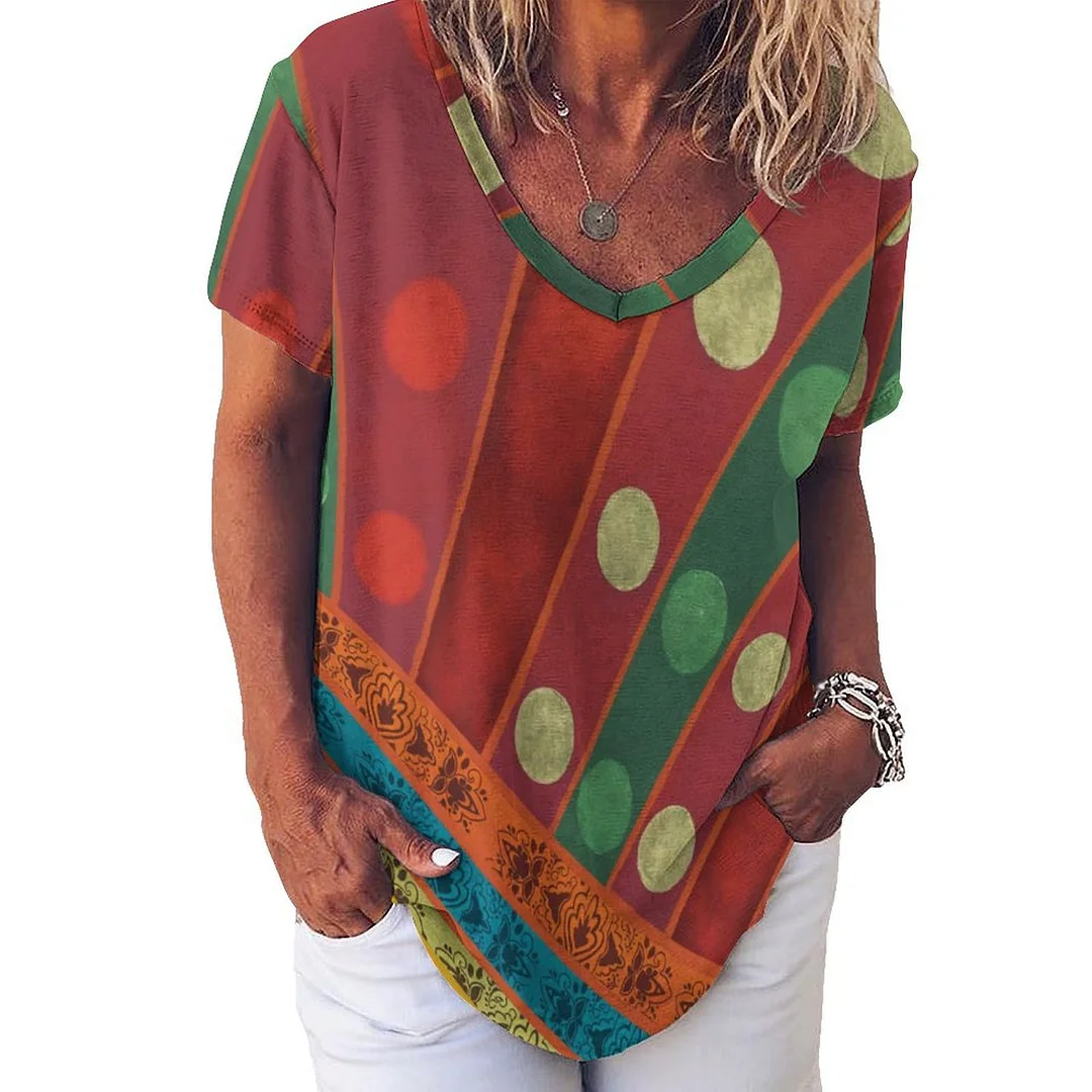 V-neck Short Sleeve Casual T-shirt for  Women Printed with Pattern Graphic, Red, Green