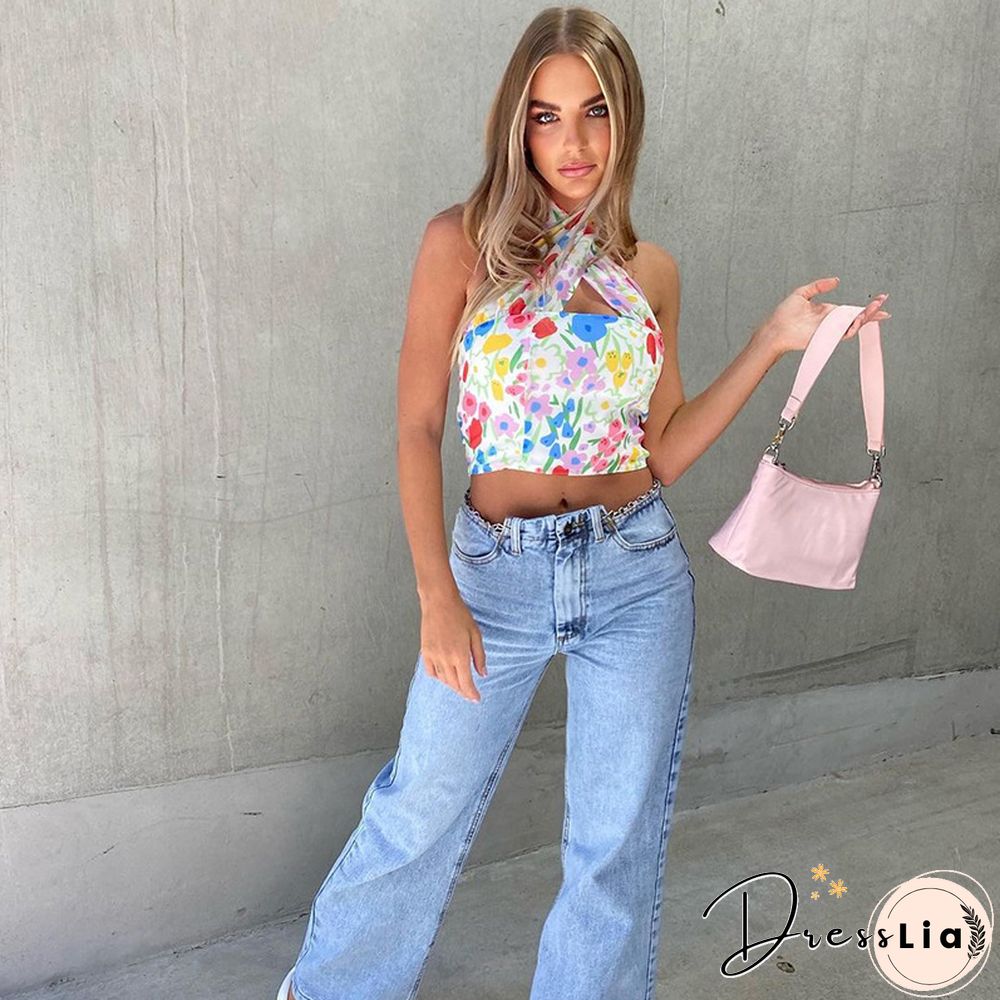 Summer Floral Print Halter Neck Crop Top Women Casual Off Shoulder Backless Mesh Beach Sleeveless Tank Tops Sexy