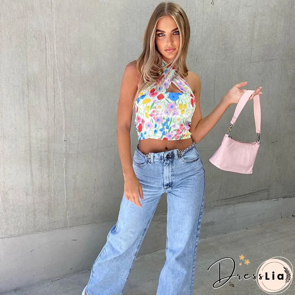 Summer Floral Print Halter Neck Crop Top Women Casual Off Shoulder Backless Mesh Beach Sleeveless Tank Tops Sexy