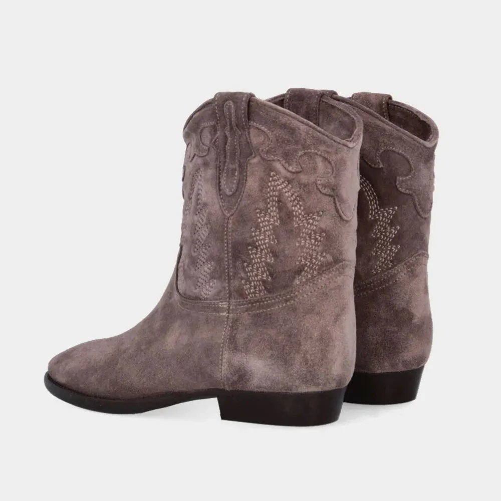 Taupe Round Toe Low Block Heel Embroidered Ankle Cowgirl Boots